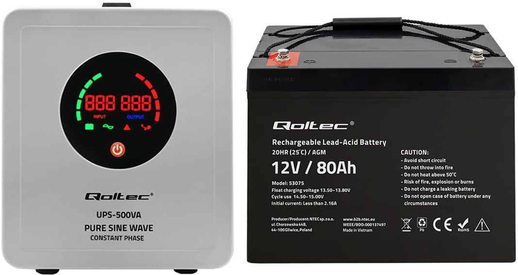 Zdjęcie Qoltec Zestaw: zasilacz awaryjny Pure Sine Wave UPS 500VA/350W SF + akumulator AGM LongLife 12V 80Ah (50716+53075) - Będzin