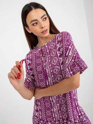 Fioletowa boho sukienka mini we wzory z falbaną SUBLEVEL - zdjęcie 2