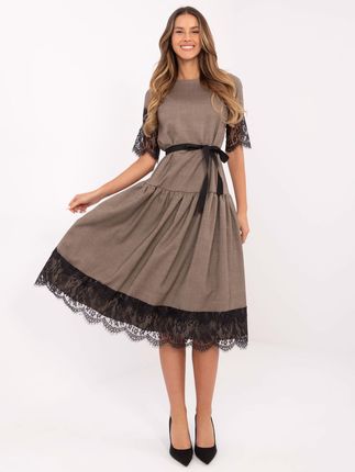 Ciemnobeżowa elegancka sukienka z krótkim rękawem - zdjęcie 3