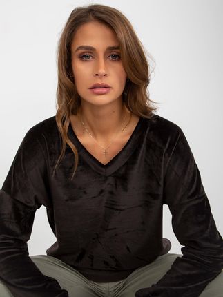 Czarna welurowa bluza bez kaptura z dekoltem w serek - zdjęcie 2