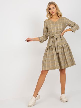 Jasnożółta elegancka sukienka w kratę z falbaną i wiązaniem - zdjęcie 2