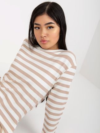 Ecru-beżowa mini sukienka basic z printem w paski RUE PARIS - zdjęcie 2