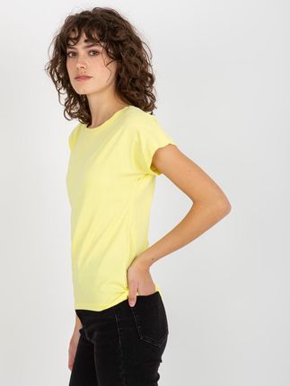 Jasnożółty gładki t-shirt basic z okrągłym dekoltem - zdjęcie 2