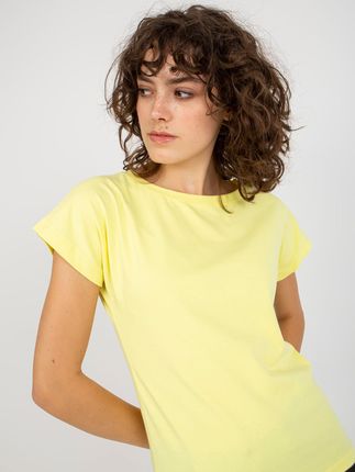 Jasnożółty gładki t-shirt basic z okrągłym dekoltem - zdjęcie 2