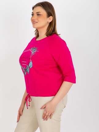 Fuksjowa bluzka plus size z napisem i aplikacją z dżetów - zdjęcie 2