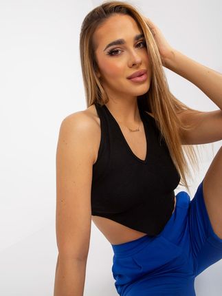 Czarny crop top basic z bawełny prążkowanej RUE PARIS - zdjęcie 2