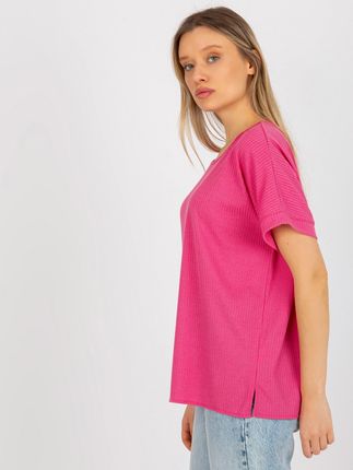 Fuksjowa bluzka oversize z krótkim rękawem w prążek - zdjęcie 2