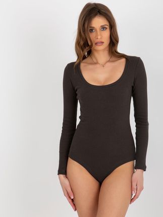 Khaki prążkowane body basic z okrągłym dekoltem - zdjęcie 2