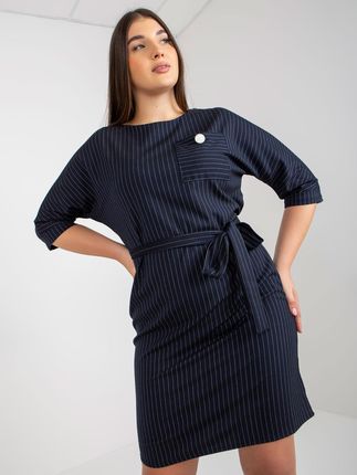 Granatowa elegancka sukienka w paski z kieszenią - zdjęcie 2
