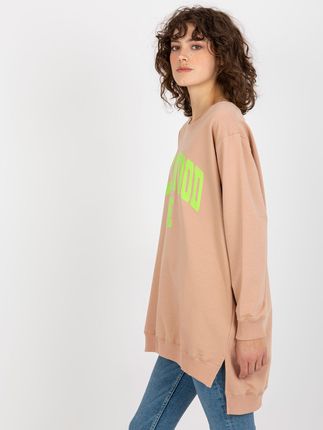 Beżowo-zielona długa bluza oversize z nadrukiem - zdjęcie 2