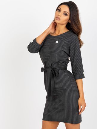 Ciemnoszara elegancka sukienka w paski z wiązaniem - zdjęcie 2