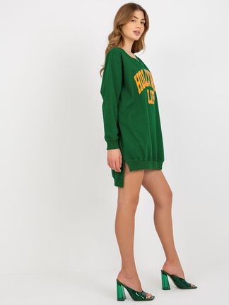 Ciemnozielono-pomarańczowa długa bluza oversize z napisem - zdjęcie 2