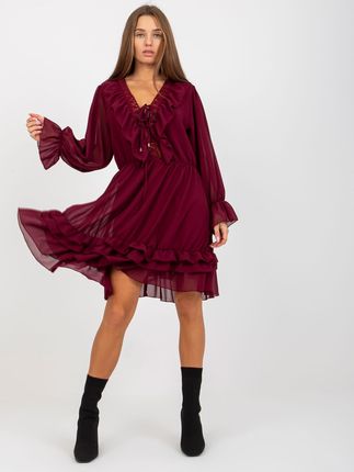 Bordowa boho sukienka z falbaną i wiązanym dekoltem OCH BELLA - zdjęcie 2