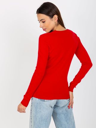 Czerwony gładki sweter klasyczny z okrągłym dekoltem - zdjęcie 2