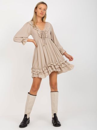 Beżowa boho sukienka z falbaną i wiązanym dekoltem OCH BELLA - zdjęcie 2