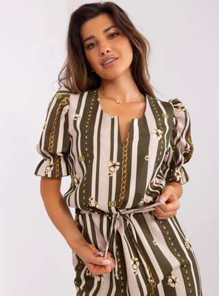 Khaki midi sukienka z printem i ściągaczem - zdjęcie 2