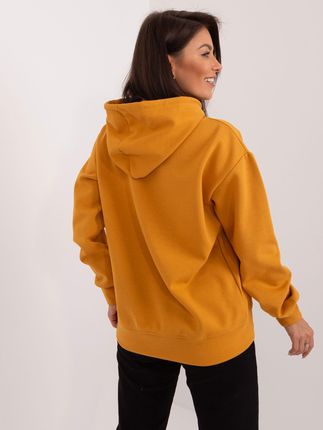 Musztardowa dresowa bluza kangurka z kapturem - zdjęcie 2