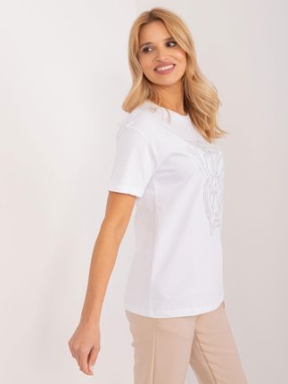 Biały luźny t-shirt damski z dżetami - zdjęcie 2