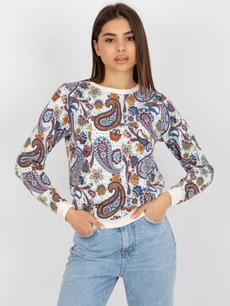 Ecru-niebieska bluza we wzory z okrągłym dekoltem - zdjęcie 2