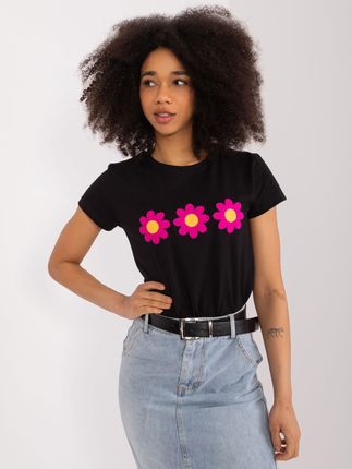 Czarny t-shirt z aplikacją w kwiaty BASIC FEEL GOOD - zdjęcie 2
