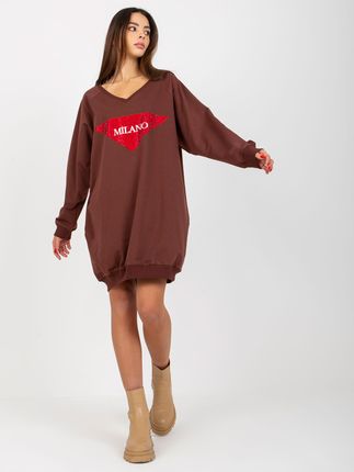 Ciemnobrązowa długa bluza oversize z nadrukiem i aplikacją - zdjęcie 2