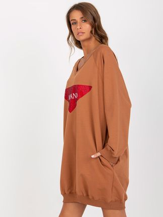 Jasnobrązowa długa bluza oversize z błyszczącą aplikacją - zdjęcie 2