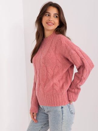 Różowy sweter z warkoczami i okrągłym dekoltem - zdjęcie 2
