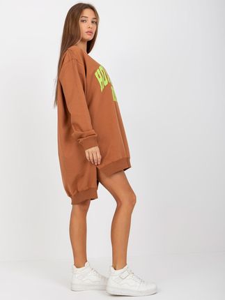 Jasnobrązowo-zielona długa bluza oversize z nadrukiem - zdjęcie 2