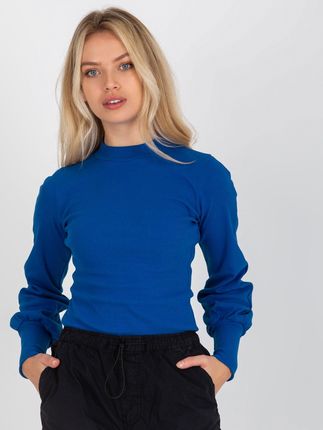 Kobaltowa prążkowana bluzka basic z półgolfem RUE PARIS - zdjęcie 2