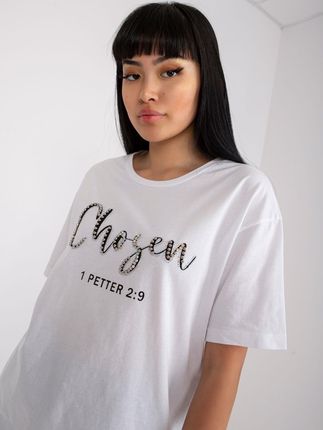 Biały damski t-shirt z napisem i aplikacją - zdjęcie 2