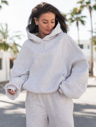 Bluza dresowa damska z kapturem oversize szeroka bawełniana szary melanż - zdjęcie 3