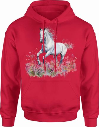 Biały koń w kwiatach biegnący na łące Męska bluza z kapturem (L, Czarny) - zdjęcie 2