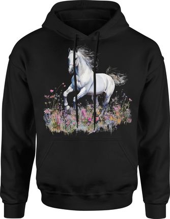 Biały koń w kwiatach biegnący na łące Męska bluza z kapturem (XL, Szary) - zdjęcie 2