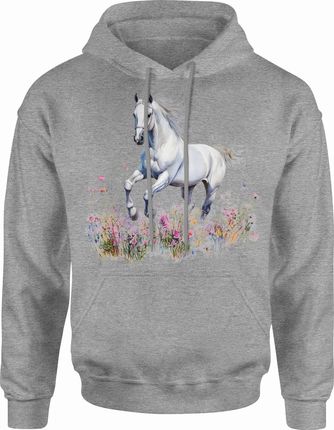 Biały koń w kwiatach biegnący na łące Męska bluza z kapturem (XL, Czerwony) - zdjęcie 2