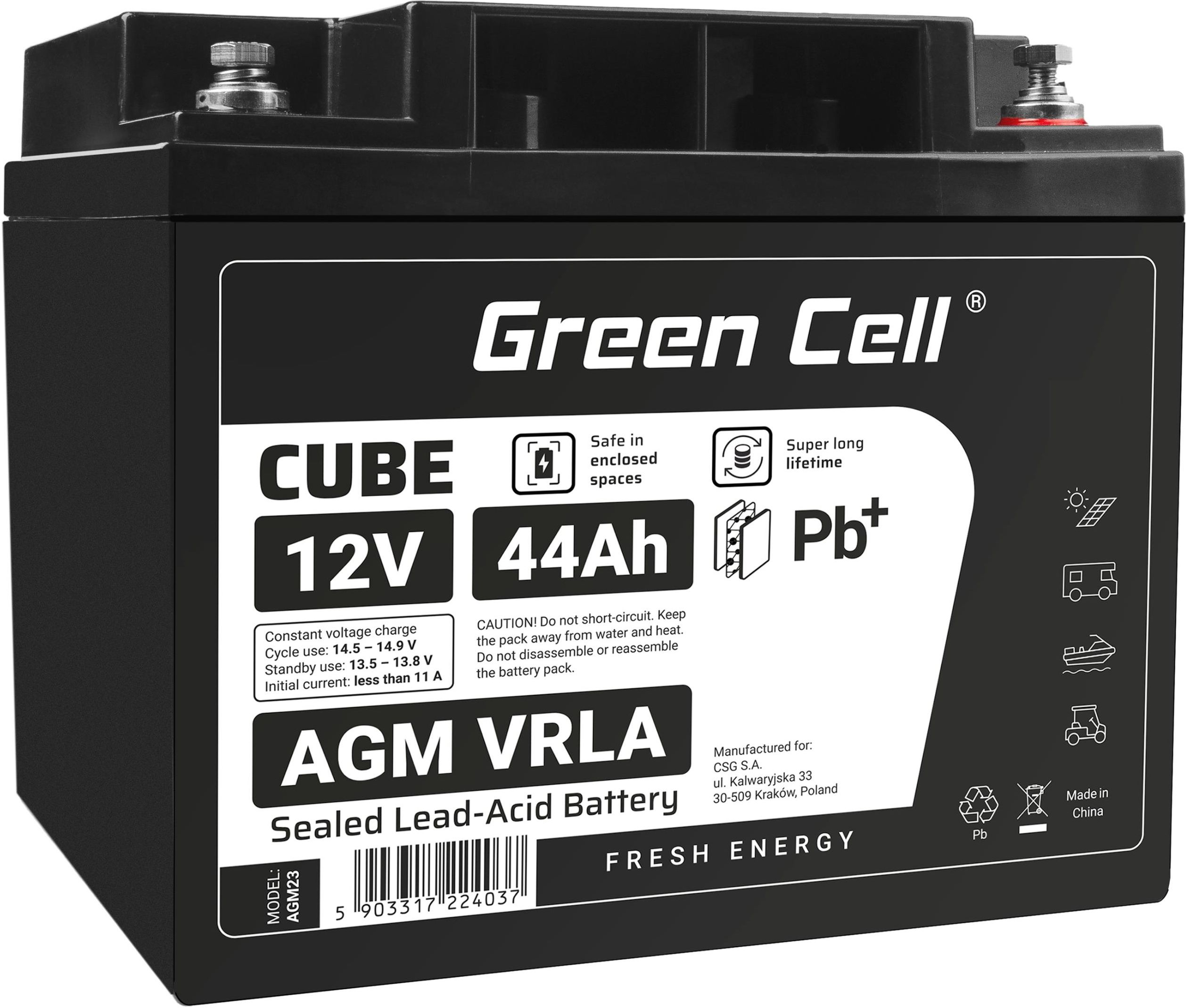 Zdjęcie Produkt z Outletu: Green Cell Agm Vrla 12V 44Ah Bezobsługowy Akumulator Do Kosiarki Skutera Łodzi Wózka Inwalidzkiego (AGM23OUT) - Żukowo