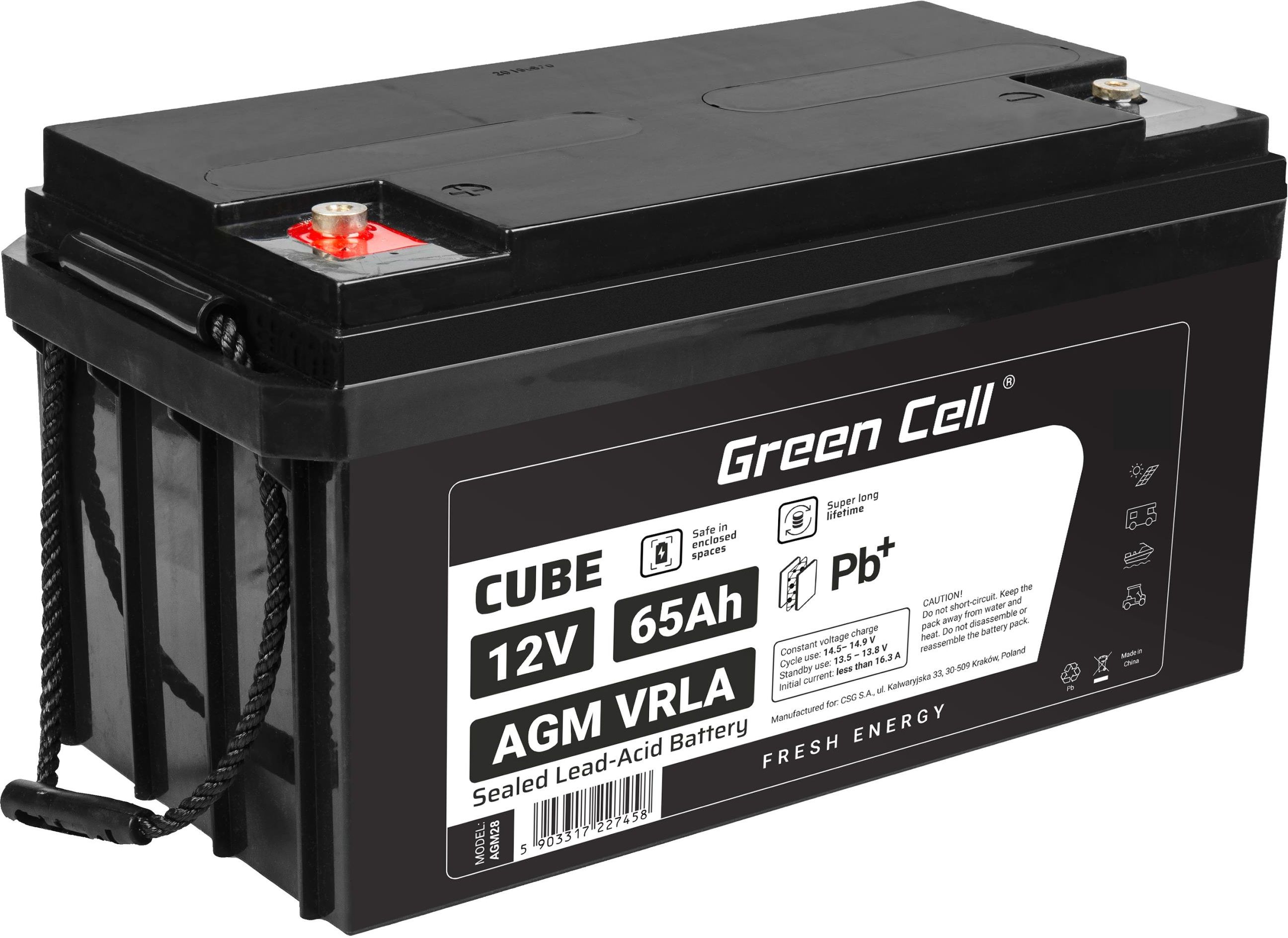 Zdjęcie Produkt z Outletu: Green Cell Agm Vrla 12V 65Ah Bezobsługowy Akumulator Do Kampera Fotowoltaiki Paneli Solarnych Łodzi (AGM28OUT) - Pilica