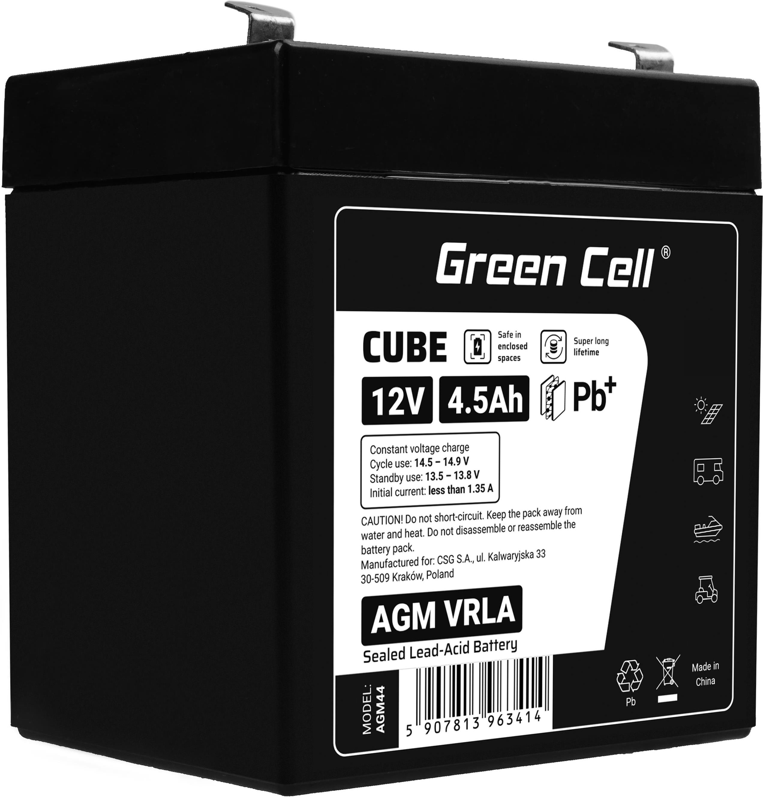 Zdjęcie Produkt z Outletu: Green Cell Agm Vrla 12V 4.5Ah Bezobsługowy Akumulator Do Zasilaczy Awaryjnych Ups Systemów Zasilania Awaryjnego Ups (AGM44OUT) - Myślenice