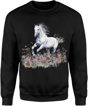 Biały koń w kwiatach biegnący na łące Męska bluza (L, Szary) - zdjęcie 2