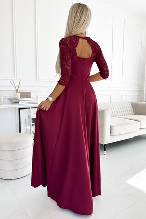309-9 AMBER elegancka długa suknia maxi z koronkowym dekoltem - BORDOWA - zdjęcie 2