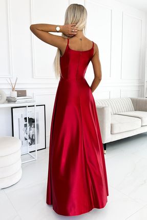 299-14 CHIARA elegancka maxi długa satynowa suknia na ramiączkach - CZERWONA - zdjęcie 2