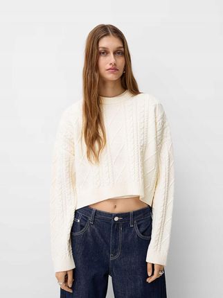 Bershka Biały Sweter Damski Krótki Krój Długi Rękaw Rozmiar L - zdjęcie 2