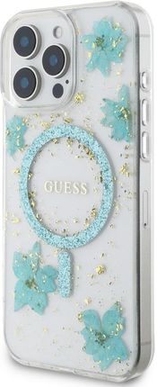 Guess Etui Resin Flowers Glitter Magsafe Do Iphone 16 Pro Turkusowy - zdjęcie 5