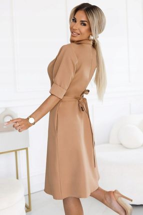 Elegancka sukienka koszulowa mocha mousse wiązana w talii M - zdjęcie 2