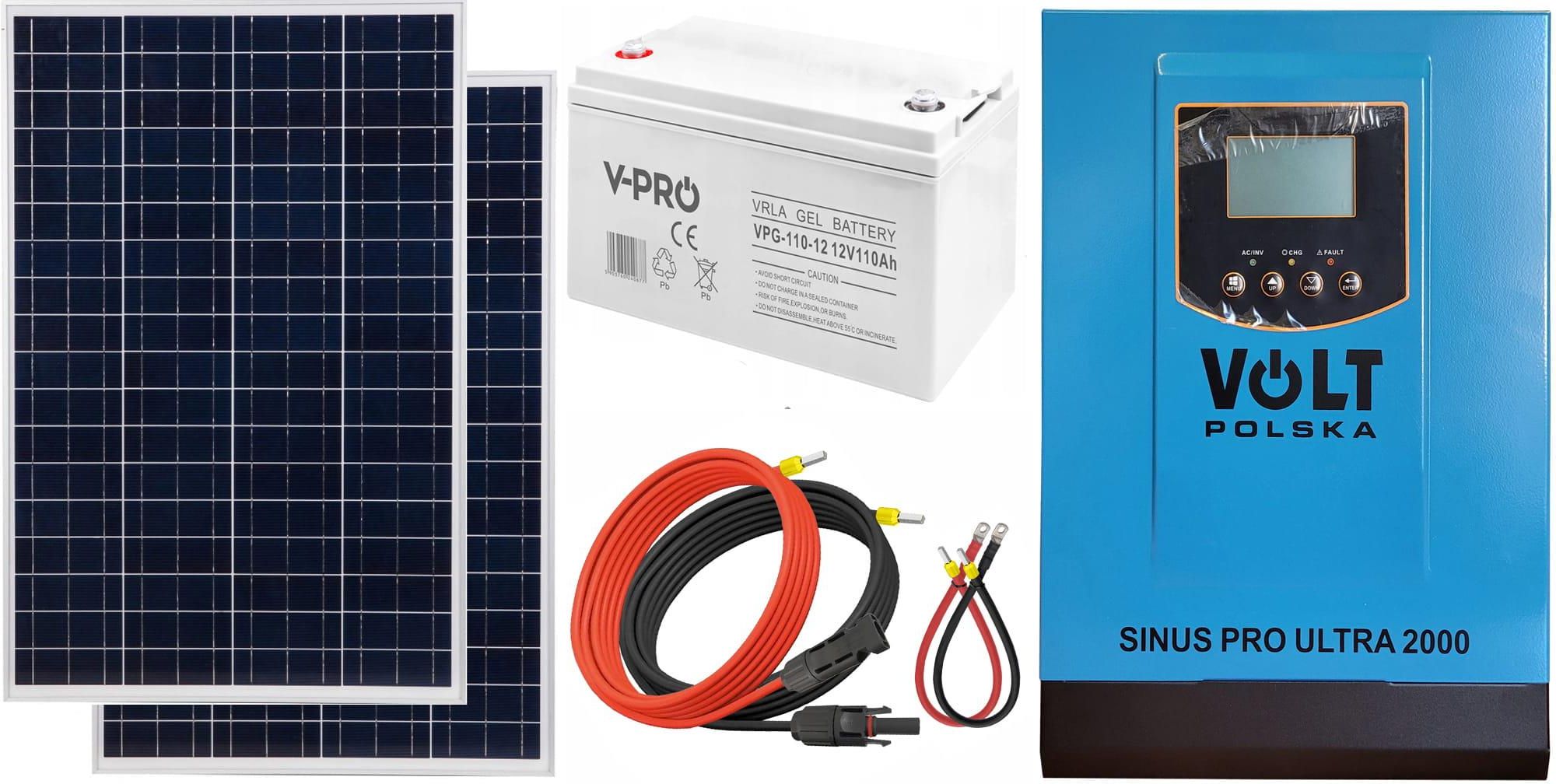 Zdjęcie Off-gridowy zestaw solarny 1000W: panele 110W + GEL 110AH + przewody do połączenia + zasilacz awaryjny Sinus PRO ULTRA 2000 12V + 60A MPPT inwerter so - Pyskowice