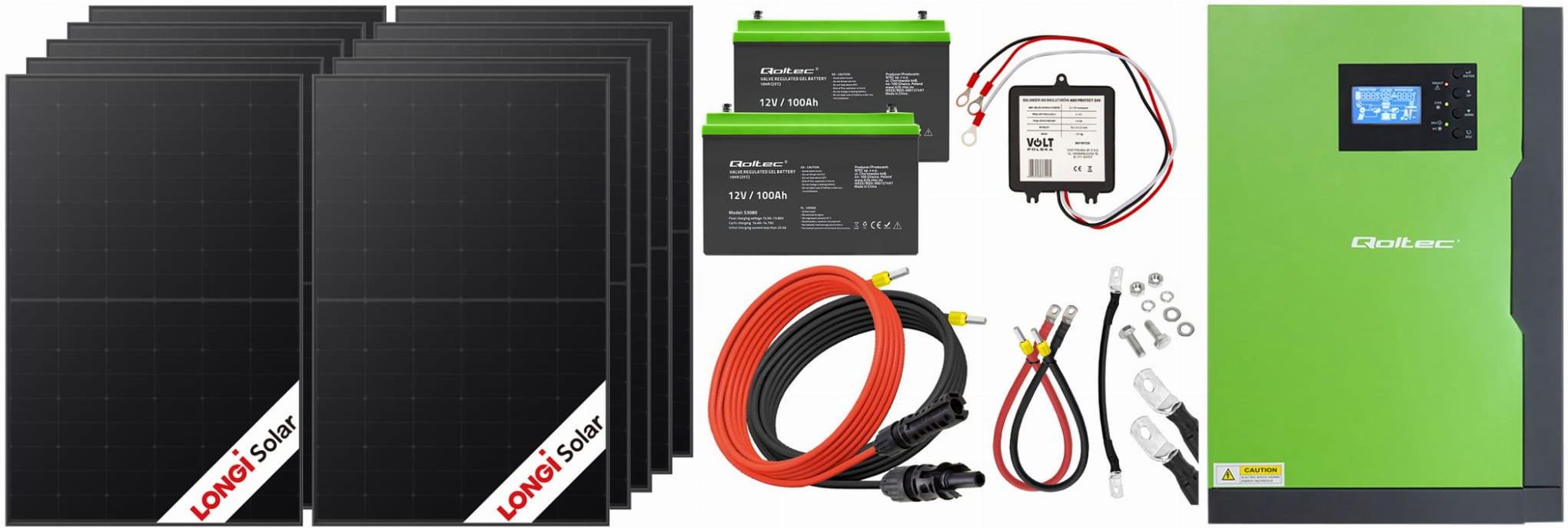 Zdjęcie Off-gridowy zestaw solarny 3500W: 10 x paneli 430W + 2 x GEL 100AH + balanser 24V + przewody do połączenia + hybrydowy inwerter solarny Off-Grid Qolte - Radzionków