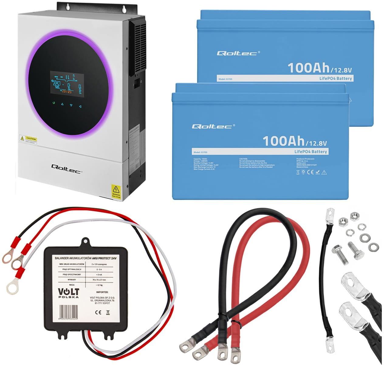 Zdjęcie Zestaw: hybrydowy inwerter solarny Off-Grid Qoltec 4kVA/4kW 120A MPPT LCD Wi-Fi BMS SINUS + 2 x akumulator Qoltec LiFePO4 12.8V 100Ah (100A) + balanse - Sosnowiec