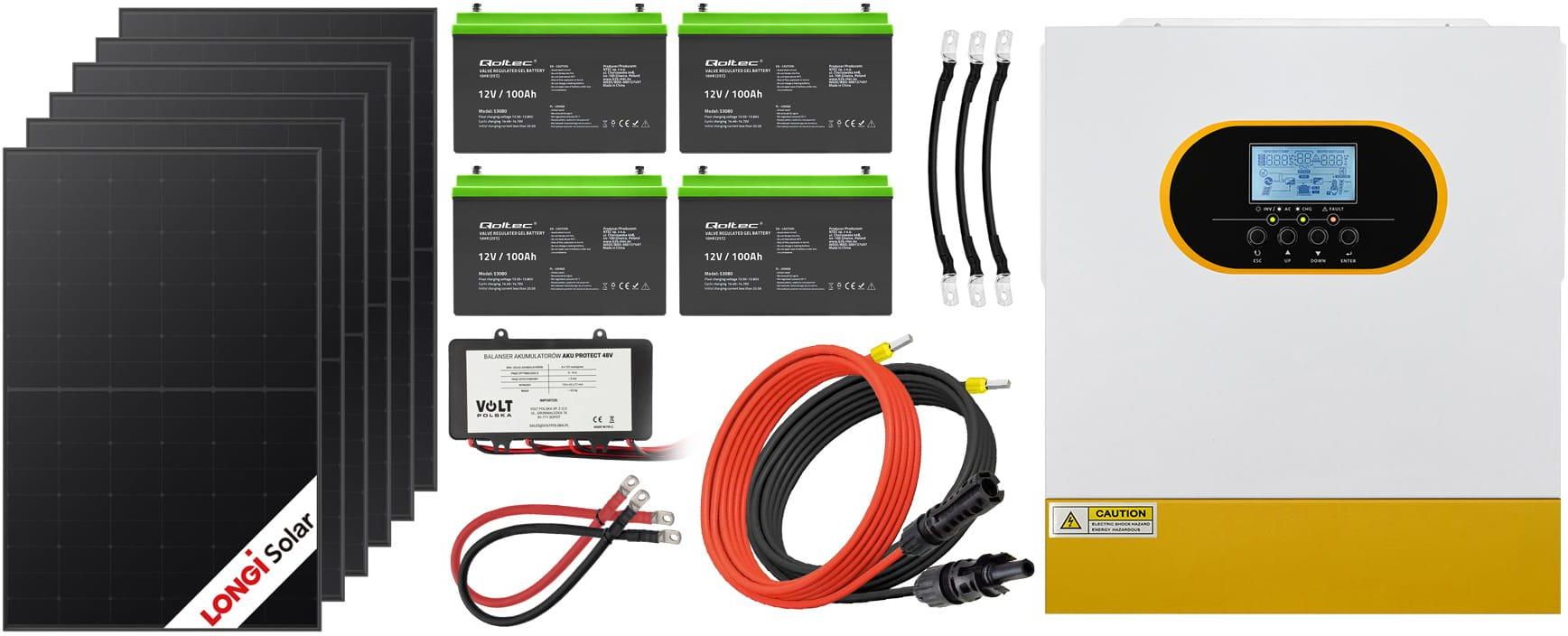 Zdjęcie Off-gridowy zestaw solarny 6200W: 6 x paneli 430W + 4 x GEL 100AH + balanser 48V + przewody do połączenia + hybrydowy inwerter solarny Off-Grid Qoltec - Radzionków