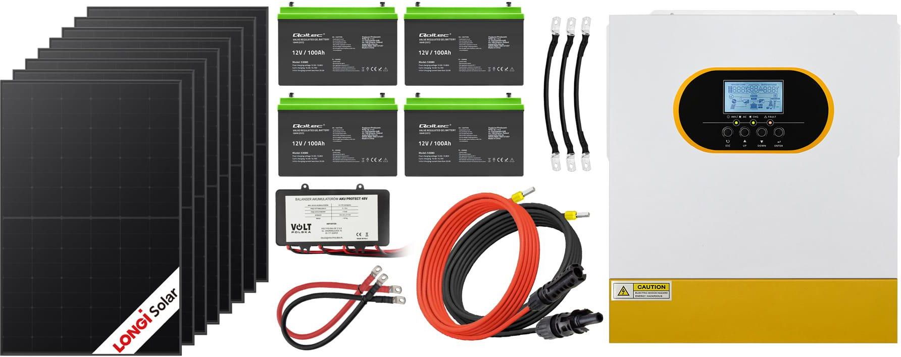 Zdjęcie Off-gridowy zestaw solarny 6200W: 8 x paneli 430W + 4 x GEL 100AH + balanser 48V + przewody do połączenia + hybrydowy inwerter solarny Off-Grid Qoltec - Radzionków