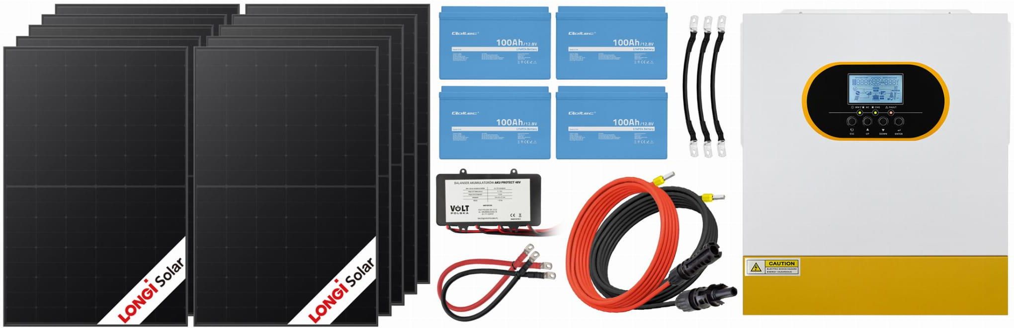 Zdjęcie Off-gridowy zestaw solarny 5500W: 10 x paneli 430W + 4 x LiFePO4 100Ah (100A) + balanser 48V + przewody do połączenia + hybrydowy inwerter solarny Of - Miasteczko Śląskie
