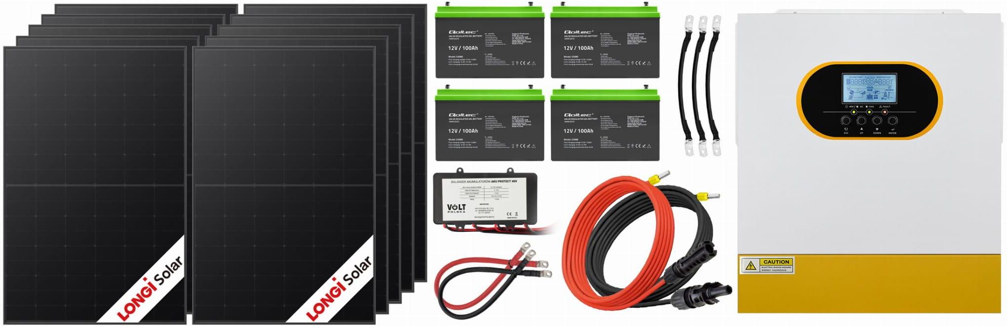 Zdjęcie Off-gridowy zestaw solarny 5500W: 10 x paneli 430W + 4 x GEL 100AH + balanser 48V + przewody do połączenia + hybrydowy inwerter solarny Off-Grid Qolte - Miasteczko Śląskie
